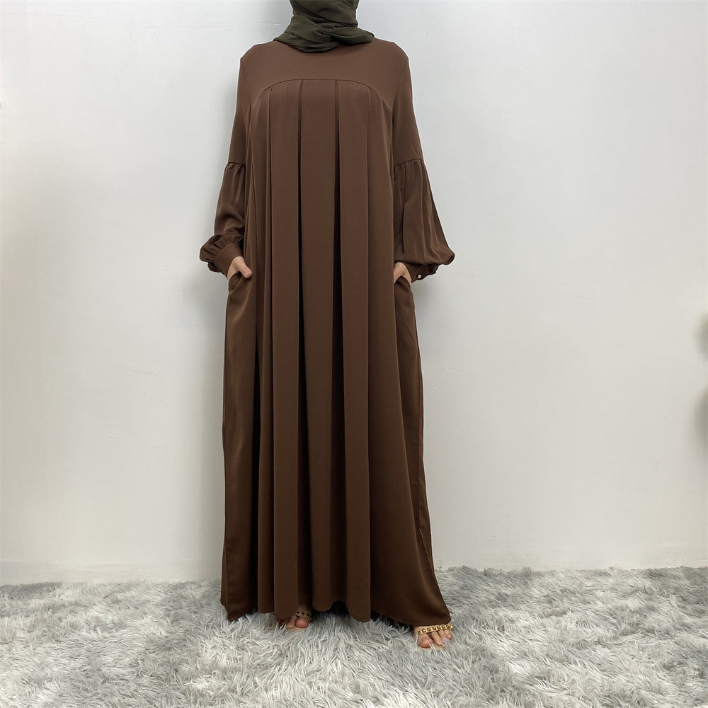 Muslim Solid Color Pleated Round Neck Dress