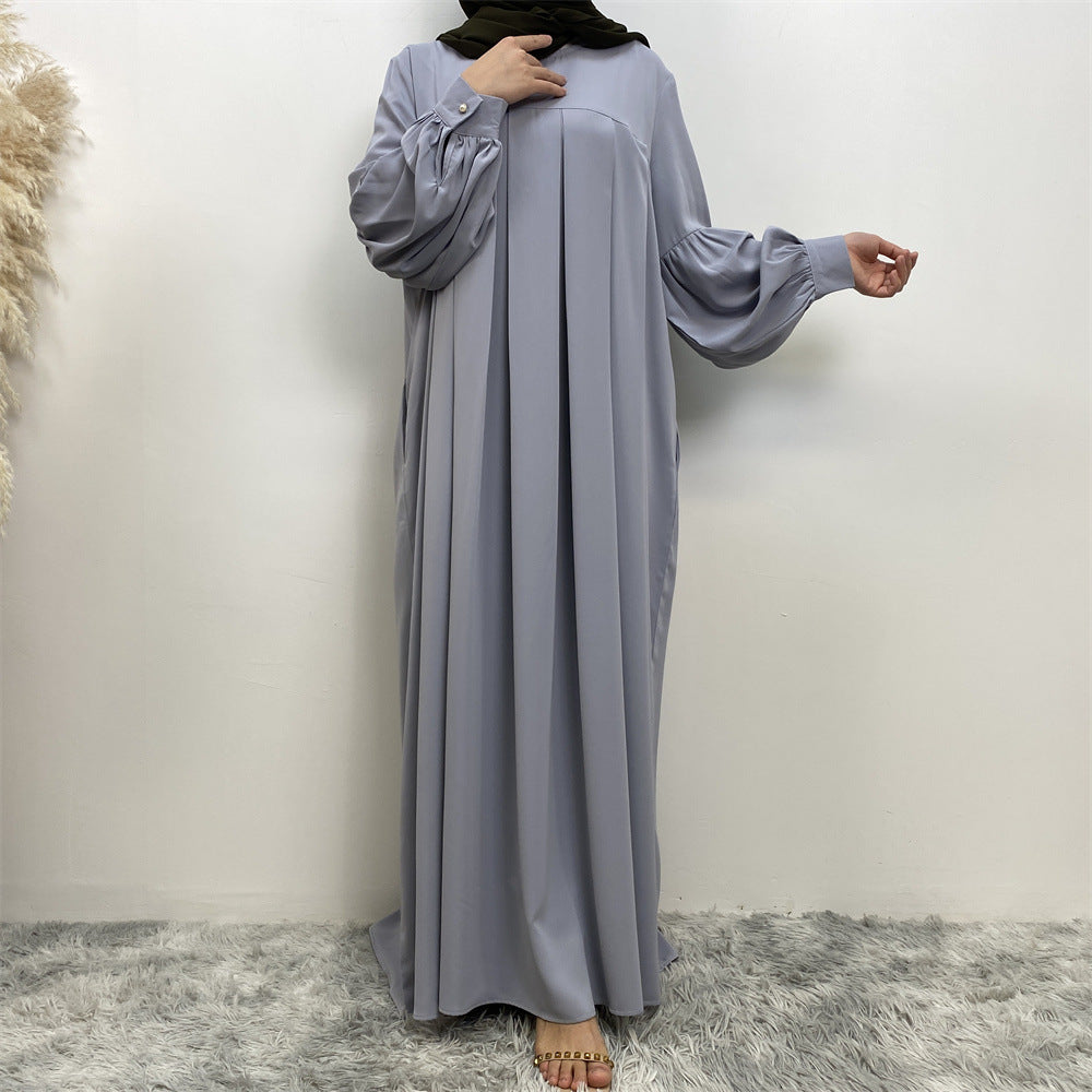 Muslim Solid Color Pleated Round Neck Dress