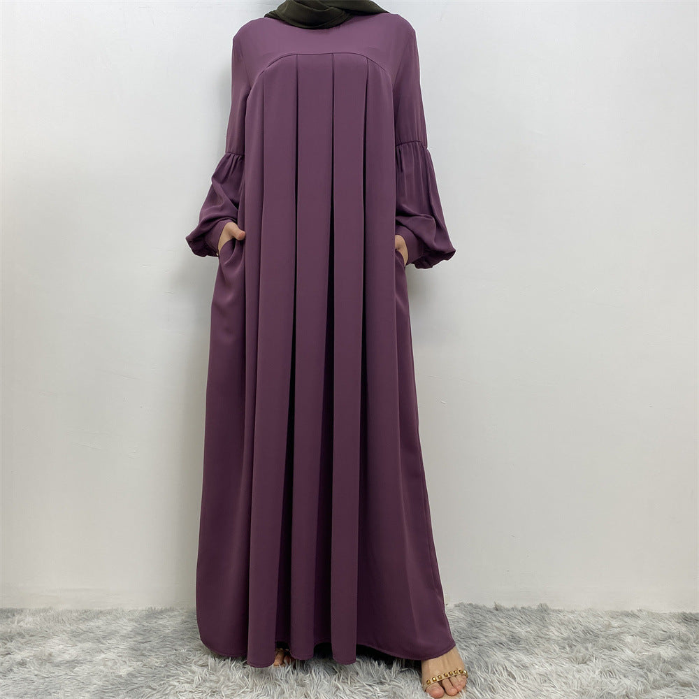 Muslim Solid Color Pleated Round Neck Dress