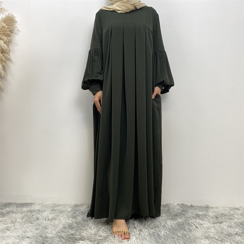 Muslim Solid Color Pleated Round Neck Dress