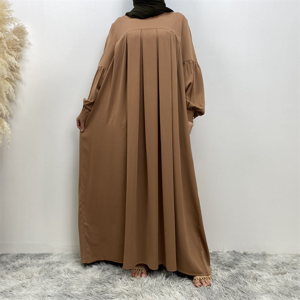 Muslim Solid Color Pleated Round Neck Dress