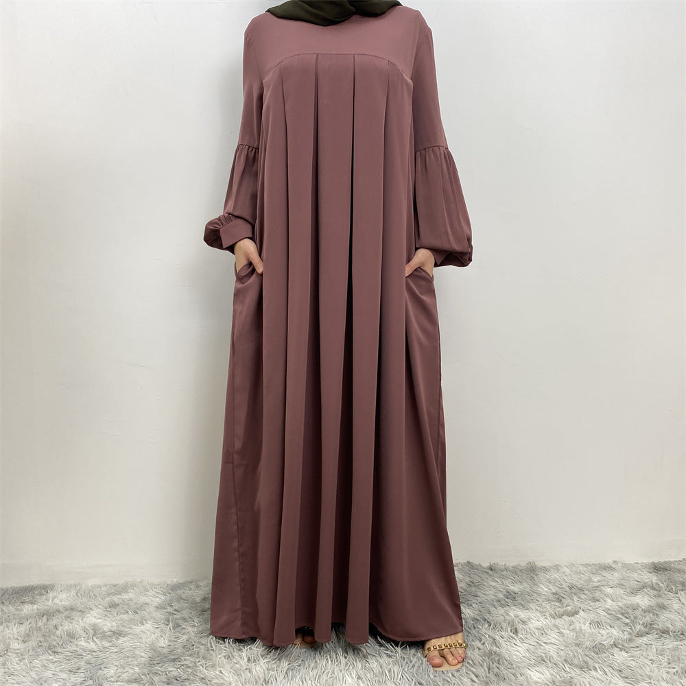 Muslim Solid Color Pleated Round Neck Dress