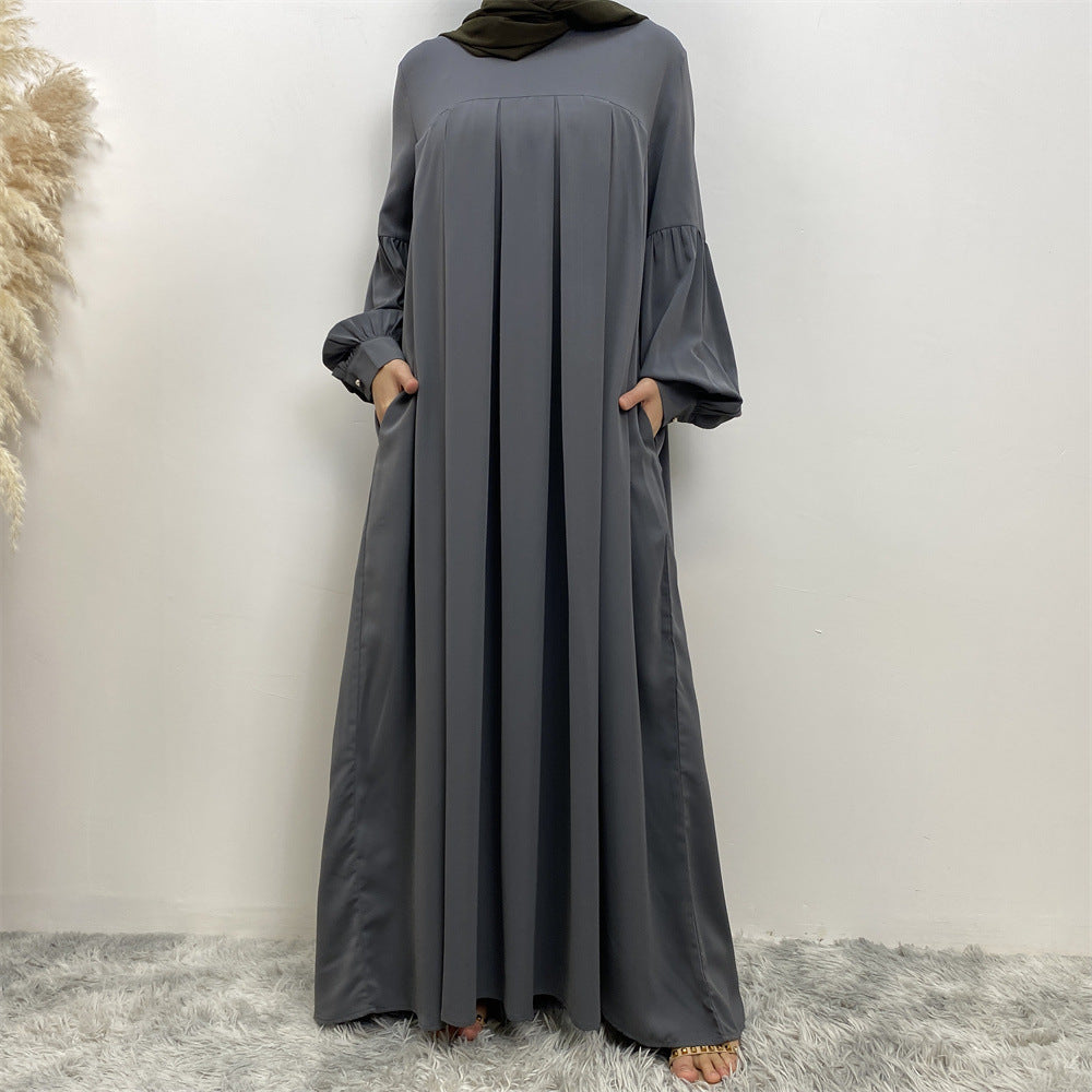 Muslim Solid Color Pleated Round Neck Dress